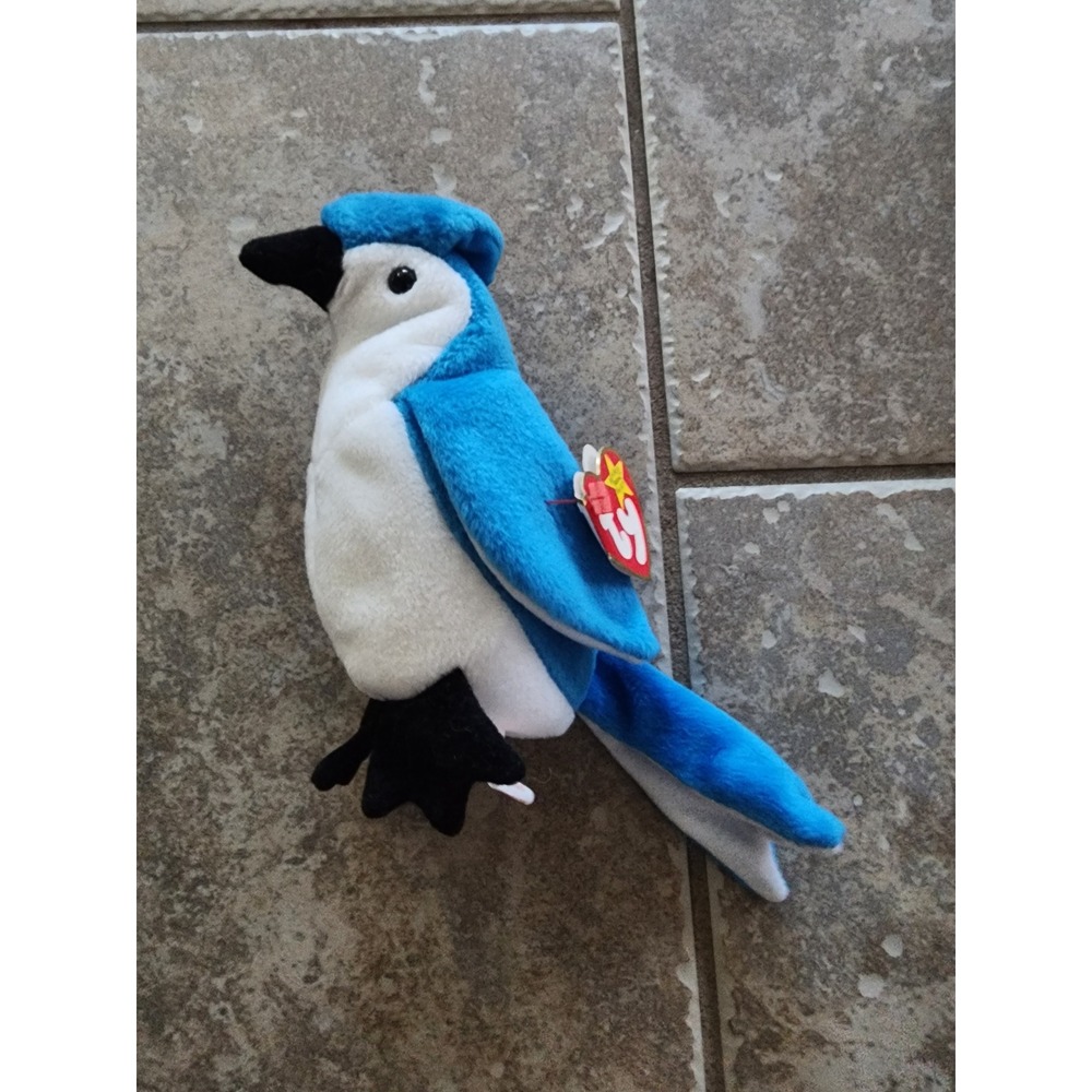Ty Beanie Baby Rocket the Blue Jay Bird Plush Collectible Blue White 1998